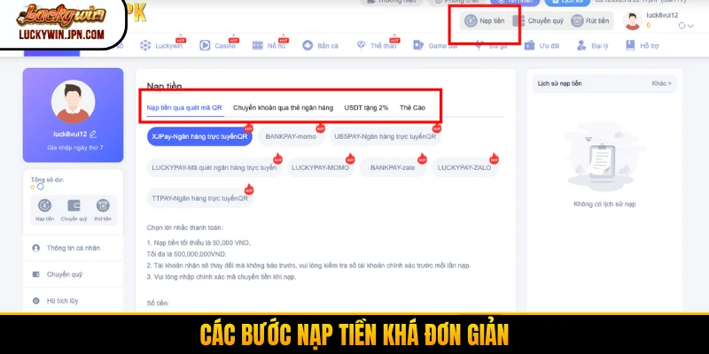 Các bước nạp tiền khá đơn giản